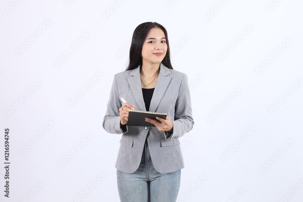 Confident Woman Holding Notebook and Pen in Gray Blazer, Smiling for Business and Planning Confident Woman Holding Notebook and Pen in Gray Blazer, Smiling for Business and Planning