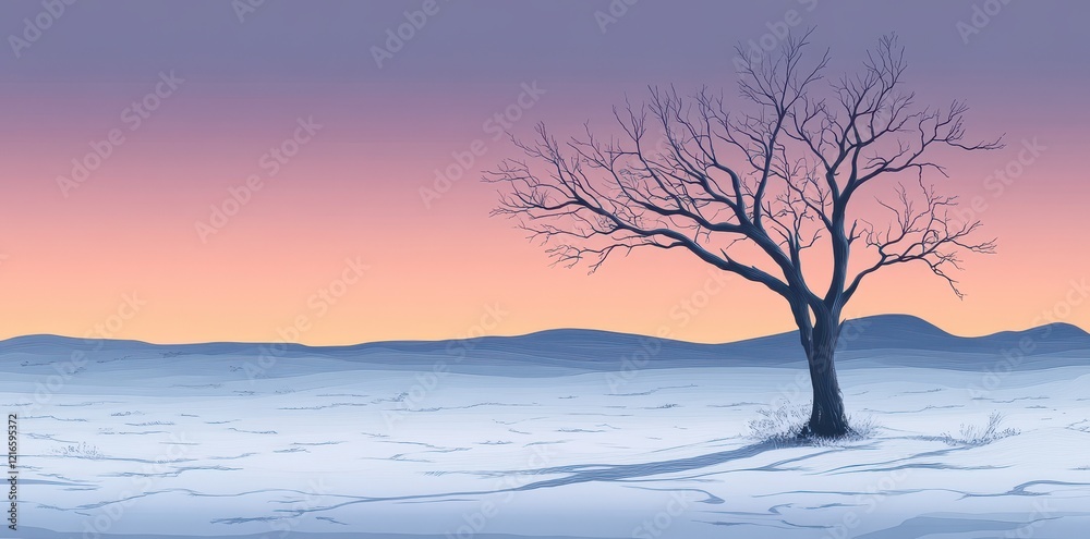 Winter Sunset Landscape With Solitary Bare Tree Winter Sunset Landscape With Solitary Bare Tree