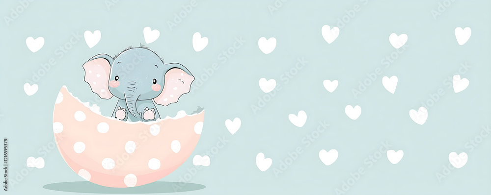 Adorable baby elephant hatching from pastel egg, surrounded by hearts. Adorable baby elephant hatching from pastel egg, surrounded by hearts.