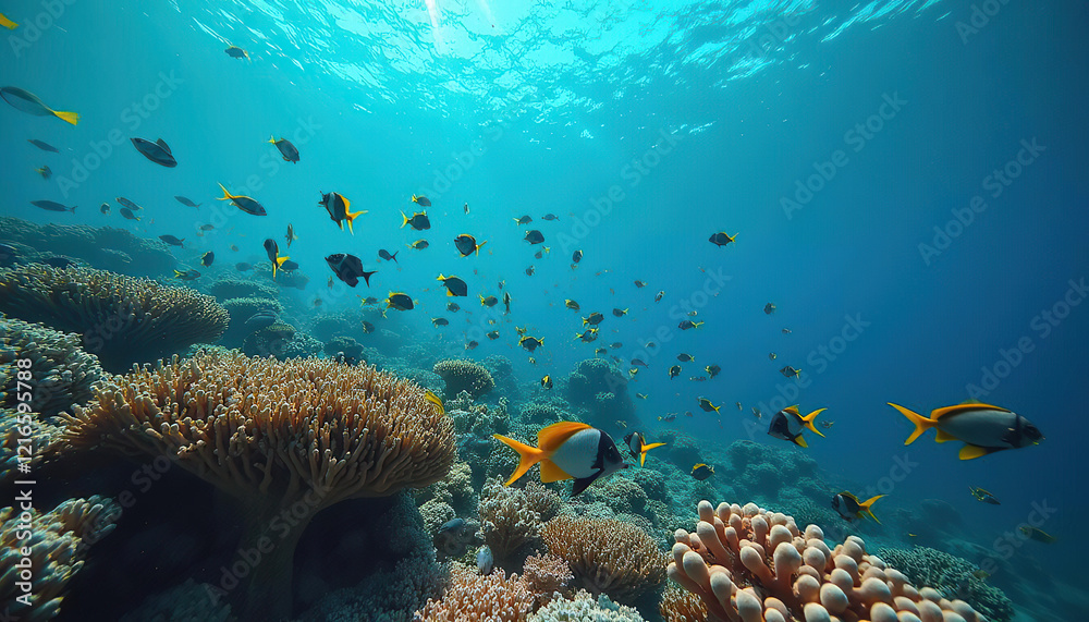 Naklejka premium 4K HD Video of many varieties of tropical fish swimming around in a coral reef. Coral reefs are diverse underwater ecosystems held together by calcium carbonate structures secreted by corals.