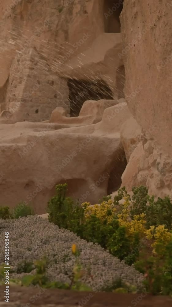 Entrance to the Uchisar Castle in Cappadocia. Turkey travel. Reveal ancient cave dwellings, intricate rock-cut architecture, region's rich history and unique geology. Asia tour. Vertical, panning shot Entrance to the Uchisar Castle in Cappadocia. Turkey travel. Reveal ancient cave dwellings, intricate rock-cut architecture, region's rich history and unique geology. Asia tour. Vertical, panning shot