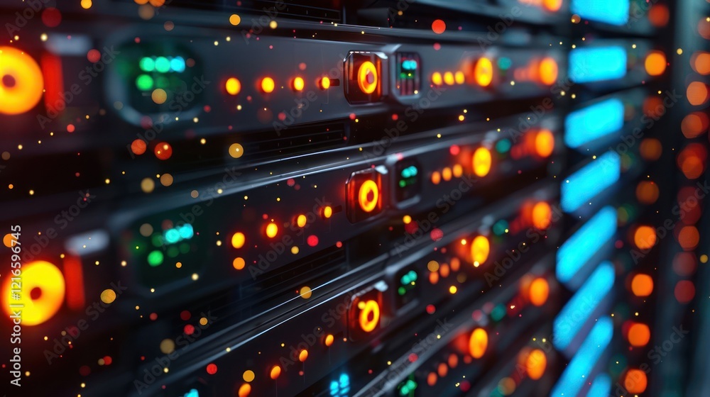 Close-up view of illuminated server racks in a data center showcasing vibrant lights and technology Close-up view of illuminated server racks in a data center showcasing vibrant lights and technology