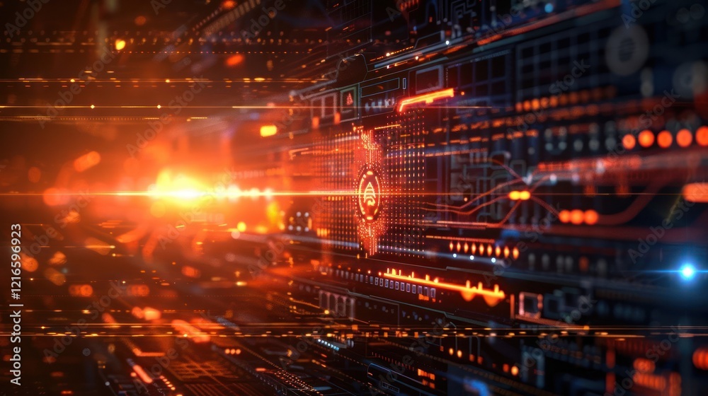 Obraz premium Futuristic digital landscape with glowing lines and circuits, depicting technology in motion