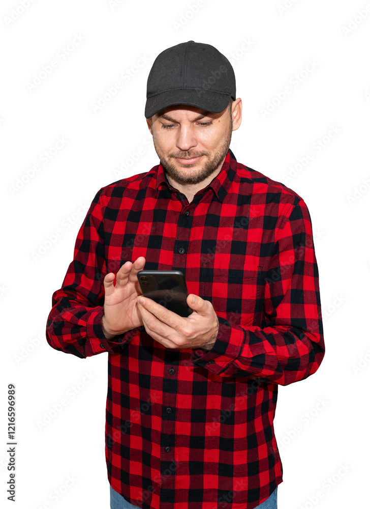 Isolated man wearing red plaid shirt and cap using his mobile phone Isolated man wearing red plaid shirt and cap using his mobile phone