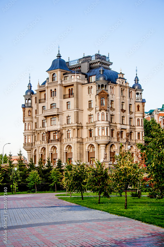 Fototapeta premium Multi storey residential building suburb city, house background sunny summer day