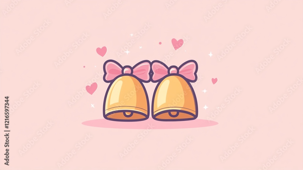 Two bells with pink bows are shown on a pink background