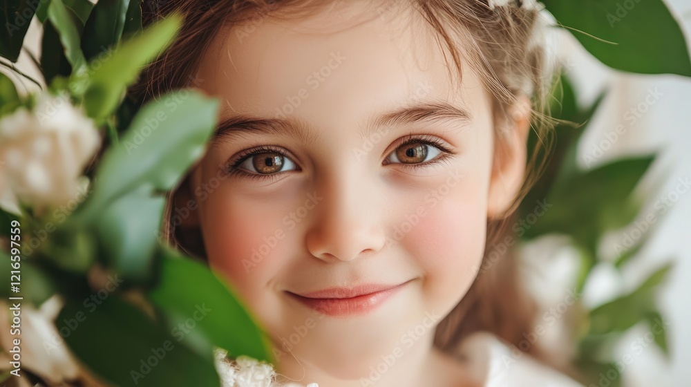 Smiling girl in floral wreath with sunlight, Easter beauty. Smiling girl in floral wreath with sunlight, Easter beauty.