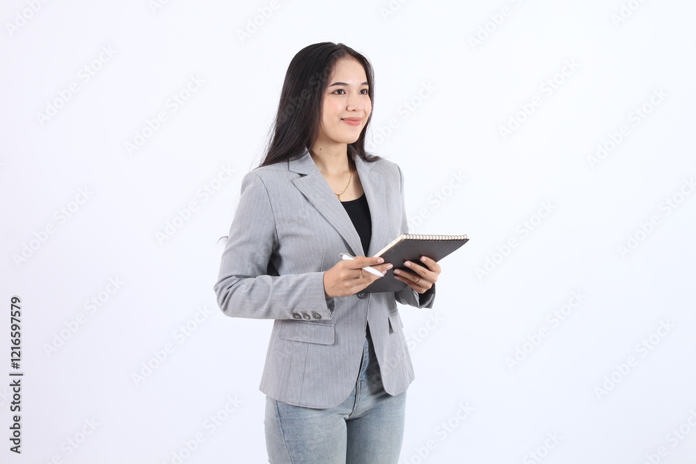 Asian business woman in a gray blazer holding a notebook and pen, looking confident and smart Asian business woman in a gray blazer holding a notebook and pen, looking confident and smart