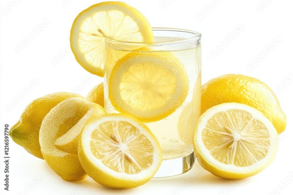 Sparkling lemonade drink glass, lemons, slices, white background, refreshing beverage Sparkling lemonade drink glass, lemons, slices, white background, refreshing beverage