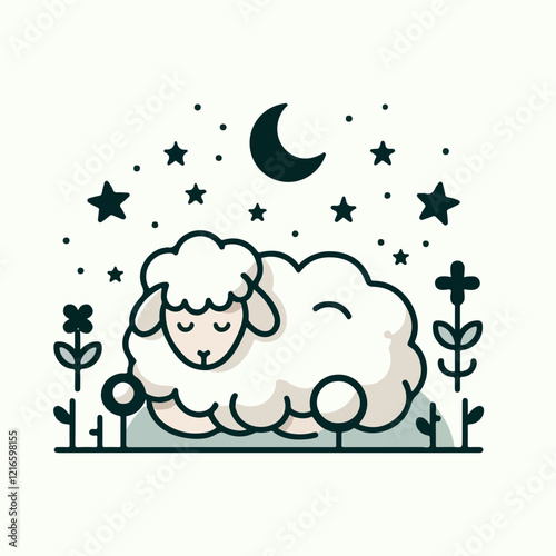 Sleepy Sheep in Night Sky: A cute and cozy cartoon sheep rests soundly in a field of wildflowers, lulled to sleep by the gentle glow of a crescent moon and twinkling stars in the night sky.
