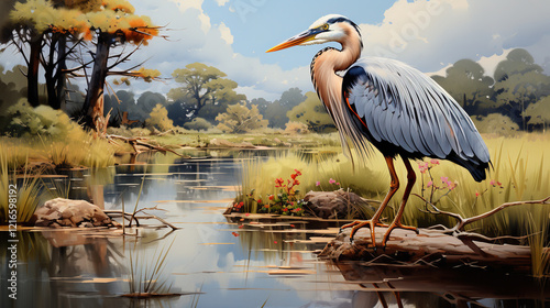 Watercolor Illustration Of Great Blue Heron Swamp Waters Oil Painting