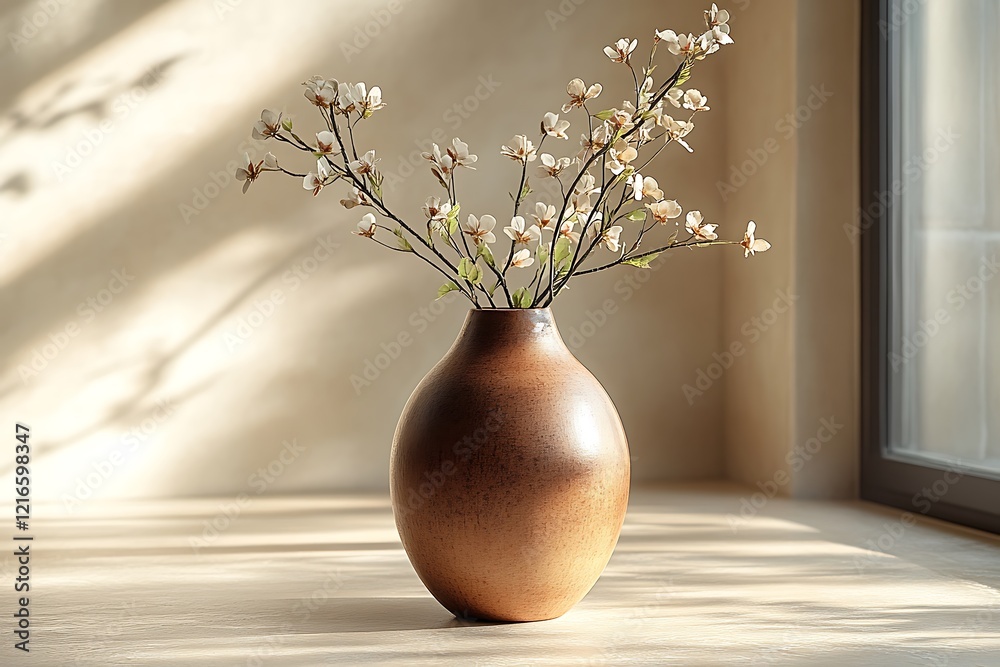 A brown vase with delicate white flowers on a windowsill bathed in sunlight. A brown vase with delicate white flowers on a windowsill bathed in sunlight.