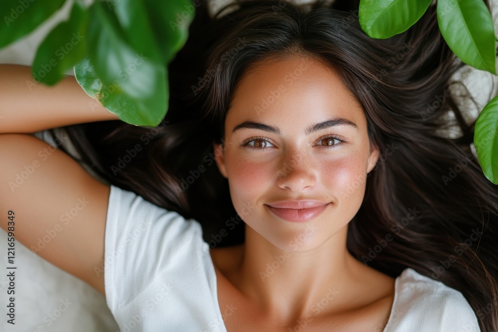 A stunning young woman is lying down surrounded by lush green leaves, her radiant smile reflects a sense of tranquility and connection to nature's beauty. A stunning young woman is lying down surrounded by lush green leaves, her radiant smile reflects a sense of tranquility and connection to nature's beauty.