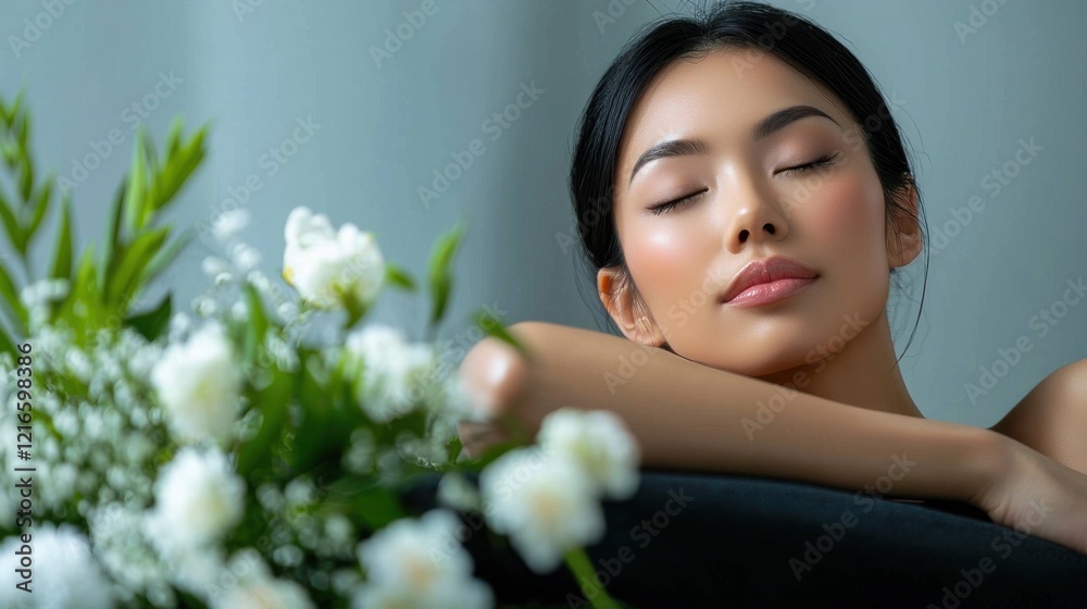 Relaxing portrait of a young woman surrounded by flowers indoor setting lifestyle soft lighting serene concept Relaxing portrait of a young woman surrounded by flowers indoor setting lifestyle soft lighting serene concept