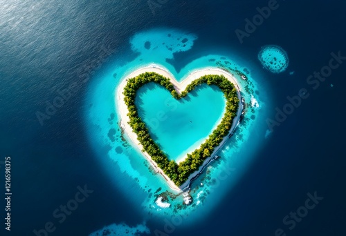 Heart-Shaped Island Paradise: Vibrant Turquoise Waters and Lush Green Foliage