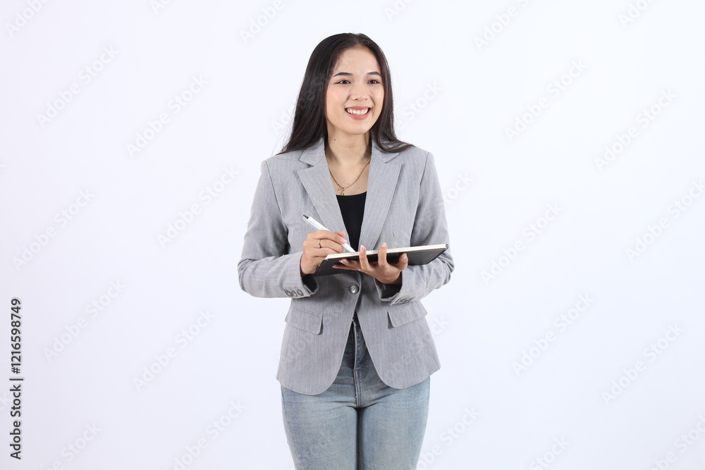 Asian business woman smiling confidently while holding a notebook and pen in professional attire Asian business woman smiling confidently while holding a notebook and pen in professional attire