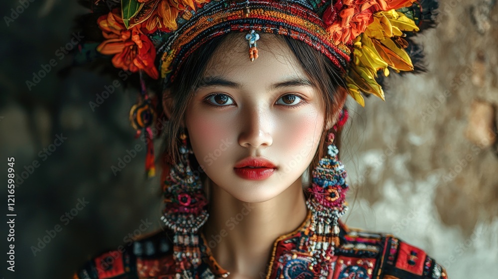 A young woman wearing vibrant traditional attire and elaborate jewelry, adorned with colorful floral elements, showcasing cultural heritage and beauty. A young woman wearing vibrant traditional attire and elaborate jewelry, adorned with colorful floral elements, showcasing cultural heritage and beauty.