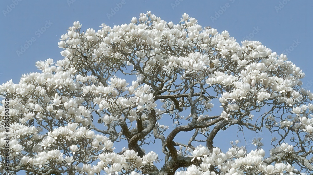 Magnolia Tree Adorned With Large Fragrant White Blossoms Glowing Against a Clear Blue Sky in Springtime Beauty Magnolia Tree Adorned With Large Fragrant White Blossoms Glowing Against a Clear Blue Sky in Springtime Beauty