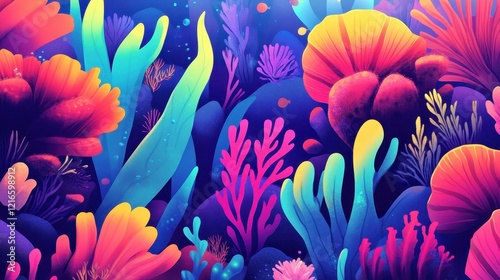 Vibrant Neon Underwater Flora Scene Depiction photo
