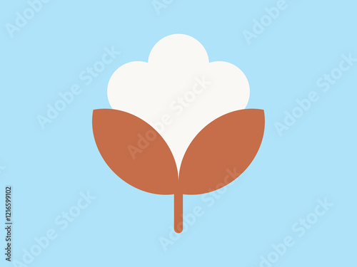 Illustration of a cotton flower with brown leaves on a blue background. Cotton clips art.