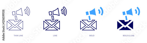 Email marketing icon in 4 different styles. Thin Line, Line, Bold, and Bold Line. Duotone style. Editable stroke