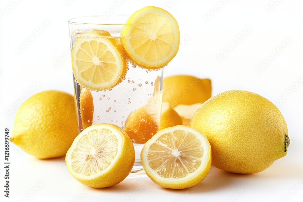 Sparkling lemon water glass, lemons, white background, refreshing drink Sparkling lemon water glass, lemons, white background, refreshing drink