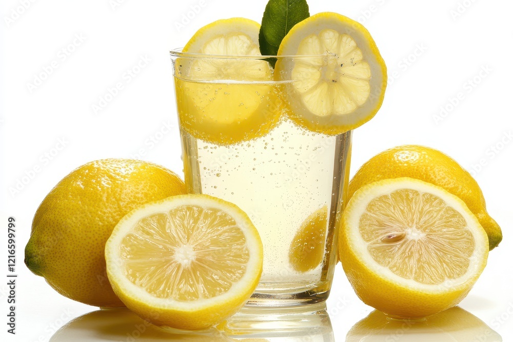 Sparkling lemon water drink, studio shot, refreshment, white background Sparkling lemon water drink, studio shot, refreshment, white background