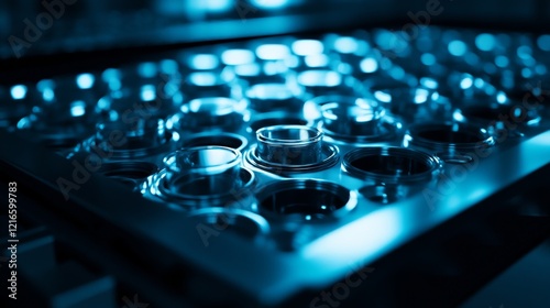 Close-up view of 96-well plates on a laboratory plate washer machine, showcasing advanced science and technology equipment for high-throughput sample processing in medical research and biotechnology photo