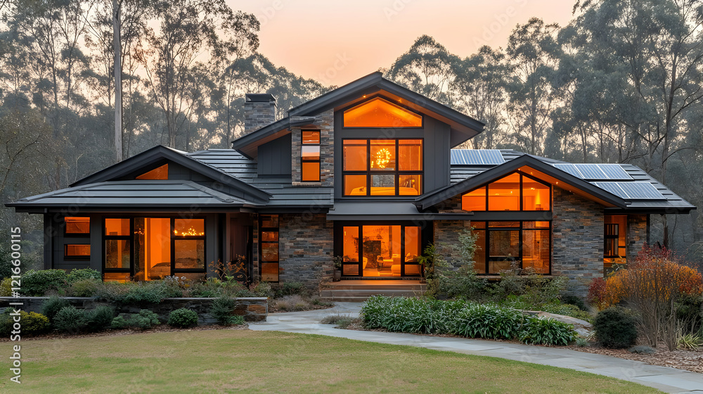 Luxurious Modern Home nestled in a Serene Forest Setting at Dusk Luxurious Modern Home nestled in a Serene Forest Setting at Dusk