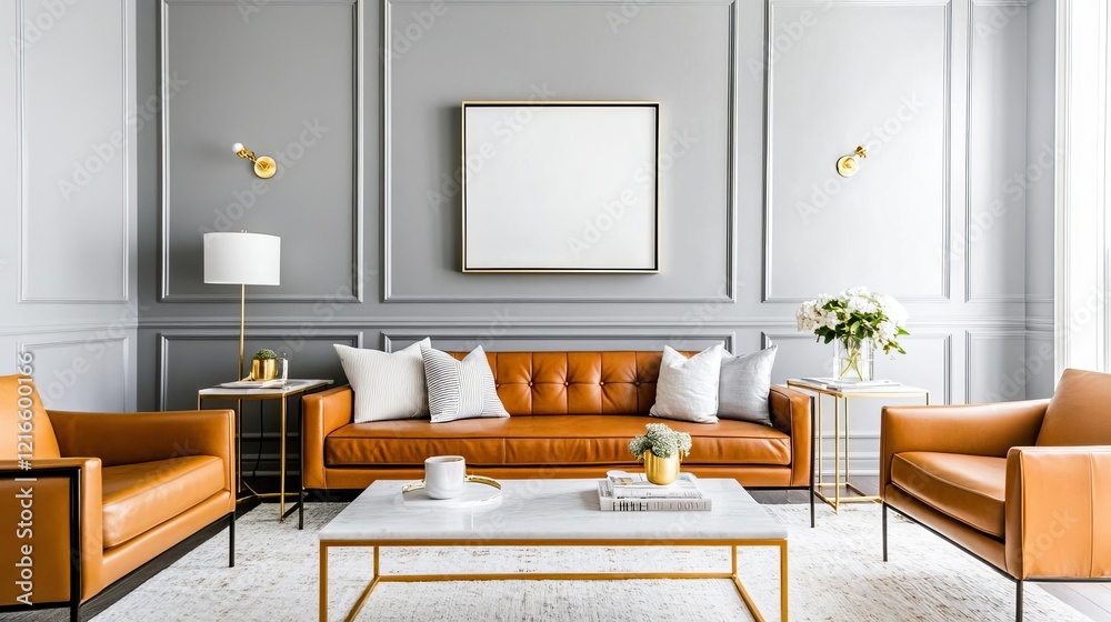Fototapeta premium Living room with warm gray walls, caramel leather seating, and brass decor