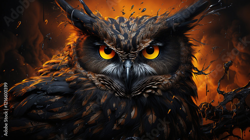 Owl Head with Yellow Eyes Close up