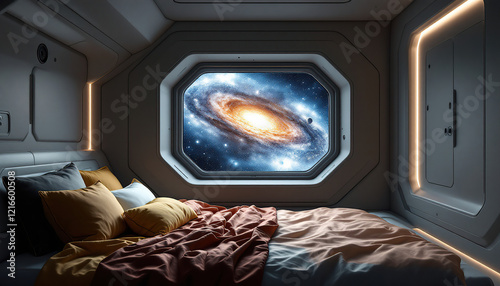 view from a bedroom berth in a futuristic sci fi spaceship interior view of a cozy bed with a view of a galaxy out of the window futuristic concept art generative ai