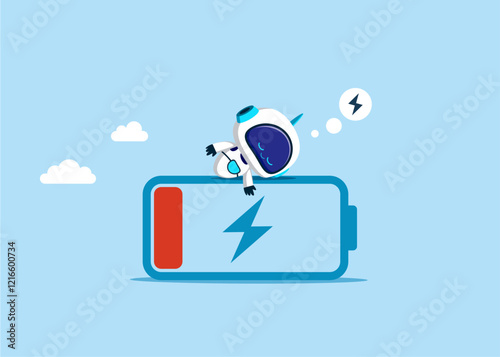 Robot with artificial intelligence with low battery. Burnout, overload. Fight burnout at work. Modern flat vector illustration.