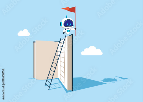 Wise robot on the top of the book. Education or knowledge steps to success, learning or study for skill development to achieve technology and business success. Flat vector illustration