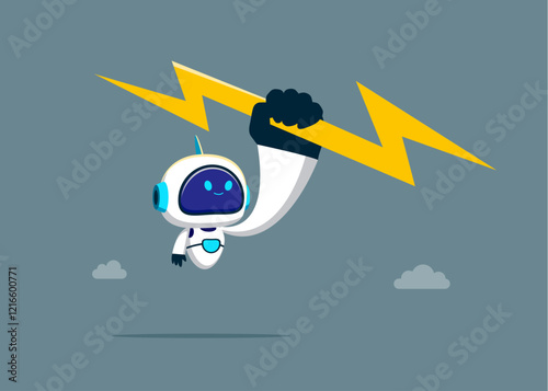 Revolutionary fist. Lightning holding in hand robot with artificial intelligence. Modern flat vector illustration.