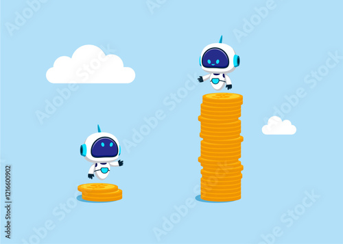 Rich robot standing on high salary coins tower with poor robot on low coins stack. Economic and technology inequality, rich and poor gap, unfairness income, different money. Flat vector illustration