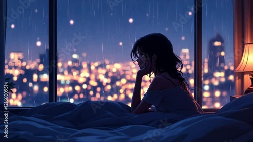 A girl sits on her bed watching the rain fall over a city at night