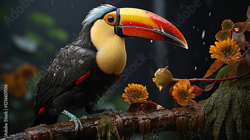 Toucan Trio Vibrant Bird On Tree Branch On Blurry Background