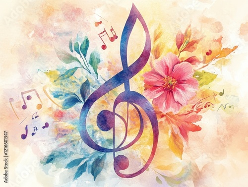 Fototapeta Naklejka Na Ścianę i Meble -  watercolor music notes and flowers background