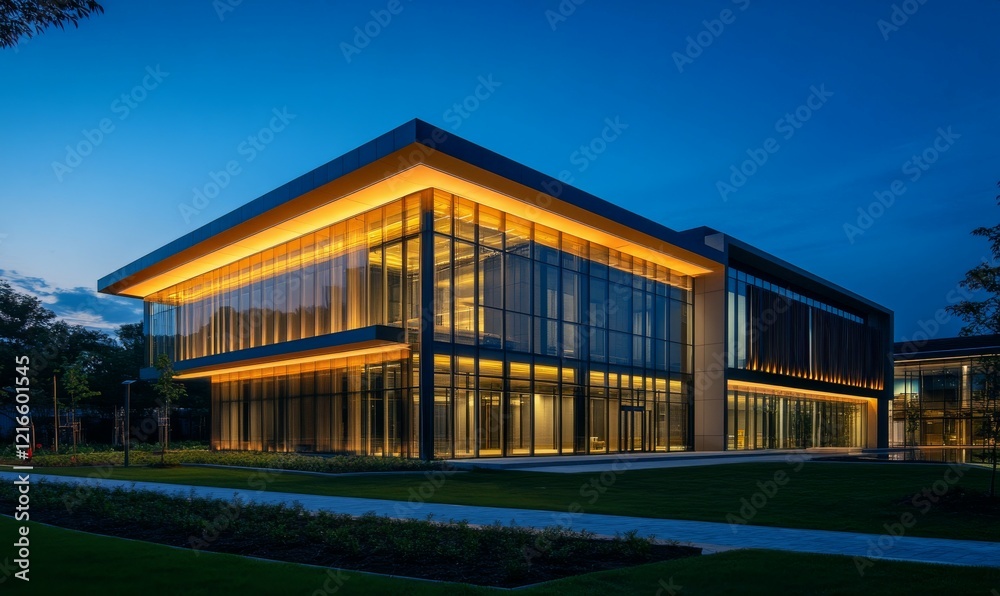 Modern Building Facade with Illuminated Windows at Night Modern Building Facade with Illuminated Windows at Night