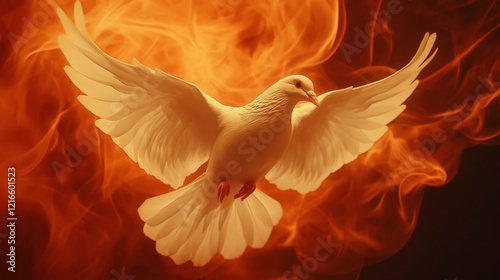 white dove with wings spread flying in front of fire and flames, spiritual symbolic image