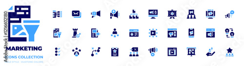 Marketing icon collection. Bold style. Duotone colors. rating, content, content curation, email, megaphone, strategy, customer satisfaction, marketing, distribution, advertising