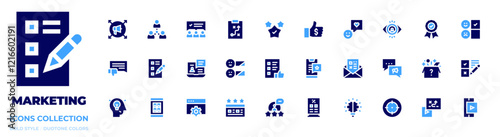 Marketing icon collection. Bold style. Duotone colors. viral marketing, connection, team review, strategy, bad comment, feedback, online review, customer review