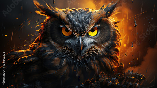 Owl Head with Yellow Eyes Close up