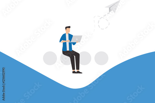 Customer relationship management, CRM, chatbot or automatic messages for customers, smart businessman managing customer chat using laptop while sitting on big speech bubble