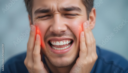 Toothache, medicine, health care concept, Teeth Problem, young man suffering from tooth pain, caries. photo