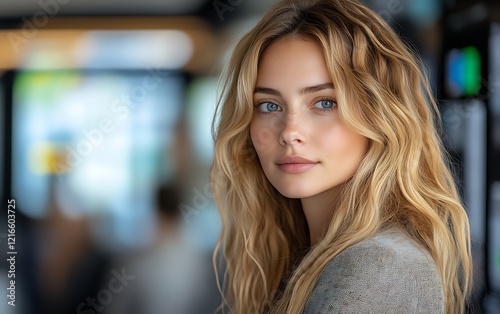 Close-up portrait of a young woman with blonde wavy hair and blue eyes.