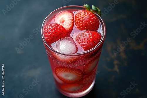 Refreshing Strawberry Drink, Ice, Glass, Summer, Close-up, Dark Background, Beverage, Food Photography photo