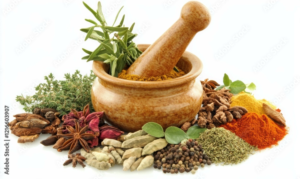 Mortar and Pestle with Assortment of Spices and Herbs Mortar and Pestle with Assortment of Spices and Herbs