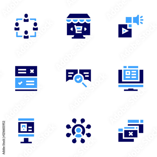 Marketing icon set. Bold style. Duotone colors. video marketing, post, pop up, affiliate marketing, online marketing, survey, testimonial, banner, affiliate